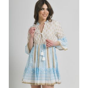 SHORT DRESS IN WHITE COLOR WITH BLUE/GOLD DETAILS ONE SIZE (100% COTTON)