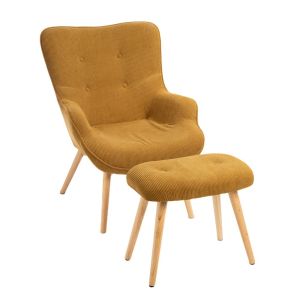 BROWN ARMCHAIR 70x84x89CM W NATURE WOODEN LEGS AND STOOL 54x36x42CM