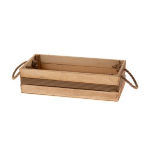 BROWN WOODEN STORAGE CRATE WITH ROPE HANDLES 28X13X8CM