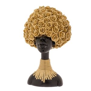 DECO RESIN FIGURE OF AFRICAN WOMAN WITH GOLD FLOWERS ON HAIR AND GOLD NECKLACE 27X15X41CM