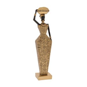 DECO RESIN FIGURE OF AFRICAN WOMAN WITH GOLD RELIEF DRESS AND A POT ON HER HEAD 8X6X32CM