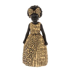 DECO RESIN FIGURE OF AFRICAN WOMAN WITH GOLD RELIEF DRESS AND BOW ON HAIR 9,5X8X21,5CM