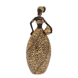 DECO RESIN FIGURE OF AFRICAN WOMAN WITH GOLD RELIEF DRESS HOLDING A POT 11,5X9X29,5CM