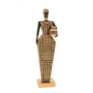 DECO RESIN FIGURE OF AFRICAN WOMAN WITH GOLD RELIEF DRESS HOLDING A POT 8X7X29CM