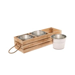 NATURAL WOODEN BASE WITH 3 METAL POTS 37X13X9CM