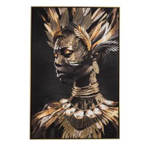 OIL PAINTING ON TOP OF PRINTED CANVAS BLACK WOMAN WITH GOLDEN DESING ON GOLDEN FRAME 82Χ4Χ122CM
