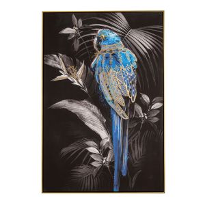 OIL PAINTING ON TOP OF PRINTED CANVAS BLUE PARROT IN BLACK BACKROUND GOLDEN FRAME 82.5X4.5Χ122.5CM