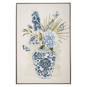 OIL PAINTING ON TOP OF PRINTED CANVAS BLUE VASE AND FLOWERS IN SILVER FRAME 82.5Χ4.5Χ122CM