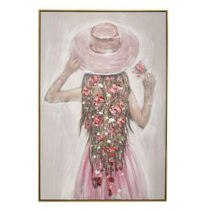 OIL PAINTING ON TOP OF PRINTED CANVAS GIRL WITH PINK HΑT AND DRESS WITH GOLDEN FRAME 82Χ4Χ122CM.