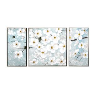 OIL PAINTING ON TOP OF PRINTED CANVAS SET 3 WITH DAISY AND SILVER FRAME 150Χ4.5Χ72.5CM