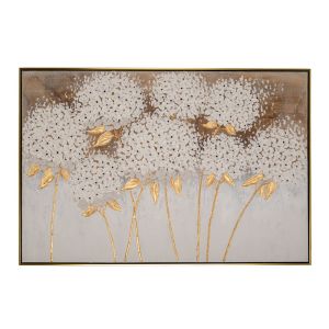 OIL PAINTING ON TOP OF PRINTED CANVAS WHITE TREE IN GOLDEN BACKROUND WITH SILVER FRAME 122.5Χ4.5Χ82.5CM