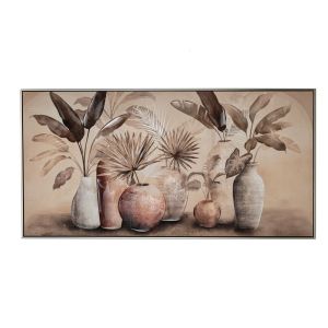 OIL PAINTING ON TOP OF PRINTED CANVAS WITH VASE AND FLOWERS WITH SILVER FRAME 142X4.5X72.5CM
