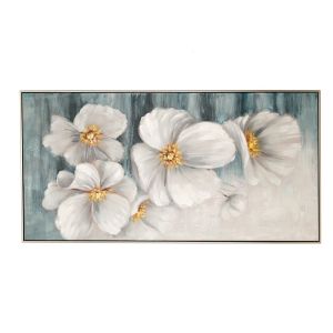 OIL PAINTING ON TOP OF PRINTED CANVAS WITH WHITE FLOWERS AND SILVER FRAME 142Χ4.5X72.5CM