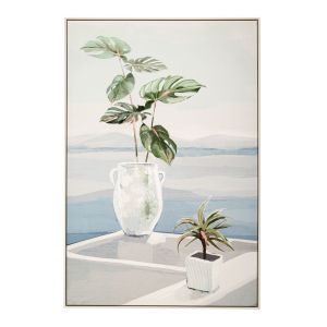 OIL PAINTING ON TOP OF PRINTED CANVAS WITH WHITE VASES AND GREEN FLOWERS WITH WHITE FRAME 82.5Χ4.5Χ122.5CM