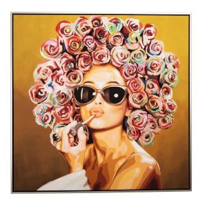 OIL PAINTING ON TOP OF PRINTED CANVAS WOMAN WITH MULTICOLOR HAIR AND BLACK SUNGLASSES IN SILVER FRAME 82X4.5X82CM