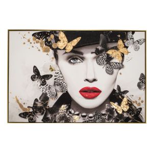 OIL PAINTING ON TOP OF PRINTED CANVAS WOMAN WITH RED LIPSTICK BLACK AND GOLD BUTΤERFLIES IN GOLD FRAME 122.55Χ4.5Χ82.5CM