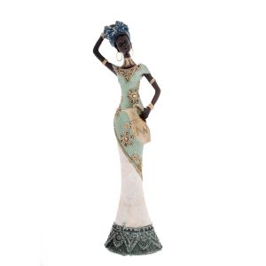 WHITE LIGHT BLUE RESIN FIGURE OF AFRICAN WOMAN 10x7x34CM