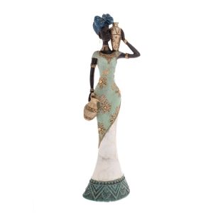 WHITE LIGHT BLUE RESIN FIGURE OF AFRICAN WOMAN 14x9x47CM