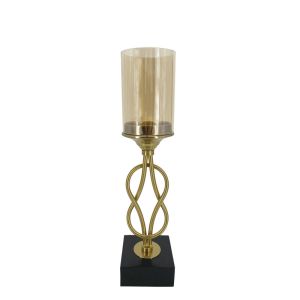 GOLD KNIT METALLIC CANDLE HOLDER WITH BASE & GLASS - 11x11x45cm