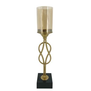 GOLD KNITTED METALLIC CANDLE HOLDER WITH BASE & GLASS - 11x11x52.5cm