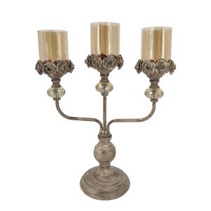 METAL CANDLE HOLDER X3 ANTIQUE BLACK ROSES WITH GLASS - 38x15x46cm
