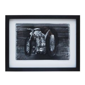 PICTURE IN WOODEN FRAME/GLASS - BLACK AND WHITE MOTORCYCLE 40x30cm 32KB