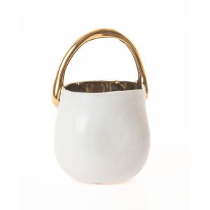 WHITE CERAMIC BASKET WITH GOLD HANDLE D11X16CM