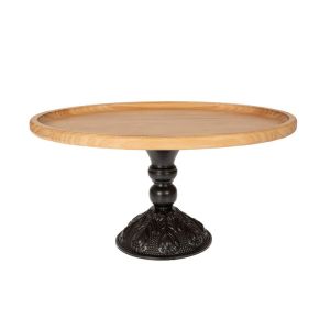WOOD OVAL TRAY CAKE STAND WITH BLACK METAL BASE 40X26X20CM