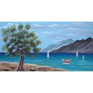 Картина платно плаж с дървета и лодки 120x63 см