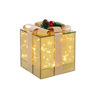 ЗЛАТНА СТЪКЛЕНА ПОДАРЪЧНА КУТИЯ С LED СВЕТЛИНА 12X12X12CM