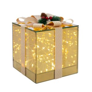 ЗЛАТНА СТЪКЛЕНА ПОДАРЪЧНА КУТИЯ С LED СВЕТЛИНА 15X15X15CM