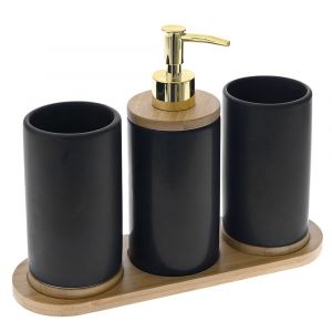 BLACK CERAMIC BATHROOM ACCESORIES SET 3 PCS WITH BAMBOO TRAY