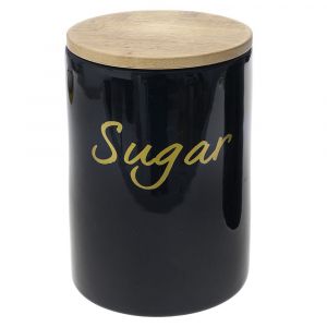 BLACK CERAMIC COFFEE CANISTER WITH BAMBOO LID 12X12X17CM