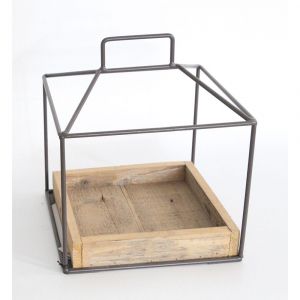 DECO BROWN METAL STAND W WOODEN TRAY 23x23x27CM