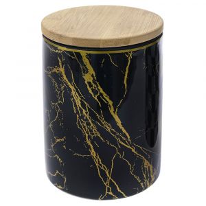 MARBLEIZED BLACK AND GOLD CERAMIC CANISTER WITH BAMBOO LID 10XX10X14CM