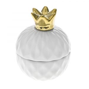 WHITE CERAMIC CANISTER 12X12X18CM WITH GOLD CROWN