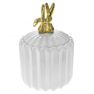 WHITE CERAMIC CANISTER12X12X18CM WITH GOLD RABBIT