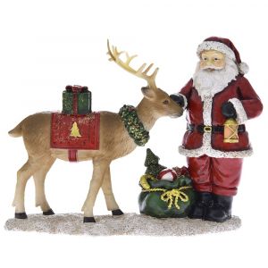 XMAS RED POLYRESIN SANTA CLAUS WITH A DEER 19X8X15CM