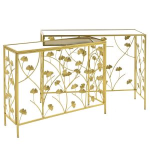 GOLD METAL FRAME CONSOLE TABLE SET 2 WITH MIRROR TOP 100X30X80 90X27X75 CM