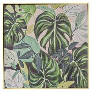 OIL PAINTING ON TOP OF PRINTED CANVAS OF LEAVES 102X102 CM WITH GOLDEN FRAME