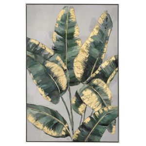 OIL PAINTING ON TOP OF PRINTED CANVAS OF LEAVES 82X122 CM WITH SILVER FRAME