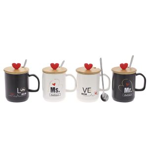 WHITE- BLACK CERAMIC CUP MRANDMS SPOON AND LID WITH HEART IN 4 DESIGNS 8x10CM 380ml