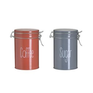 S/2 METAL COFFE/SUGAR JAR GREY/BRICK RED Φ10X16