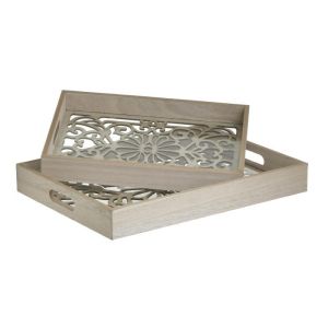 S/2 WOODEN/GLASS TRAY NATURAL/CREAM 40X30X6