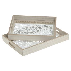 S/2 WOODEN/GLASS TRAY NATURAL/WHITE 40X30X6