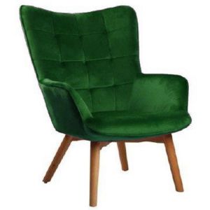 Кресло тъмно зелено кадифе с дървени крака φ80x99