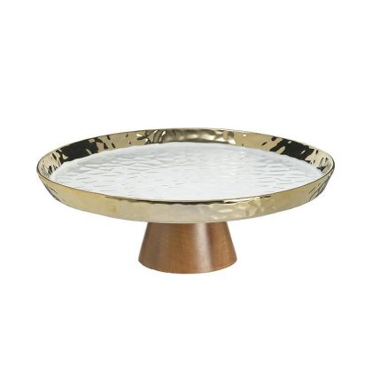 PORCELAIN/WOODEN FOOTED PLATE WHITE/GOLDEN Φ30X13