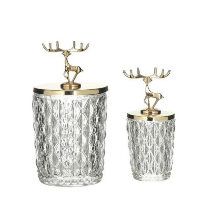 S/2 GLASS/METAL JAR WITH REINDEER LID CLEAR/GOLDEN Φ10X20