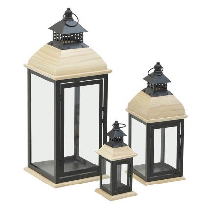 S/3 WOODEN/GLASS LANTERN BLACK/NATURAL 22X22X61
