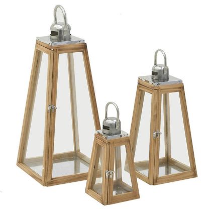 S/3 WOODEN/GLASS LANTERN NATURAL/SILVER 24X24X51